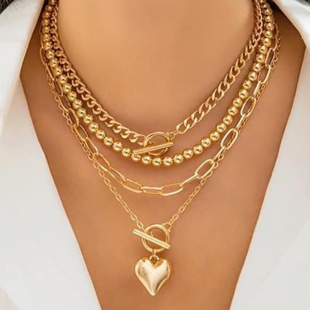 4 Pcs Gold Tone Chunky Layered Necklaces Women